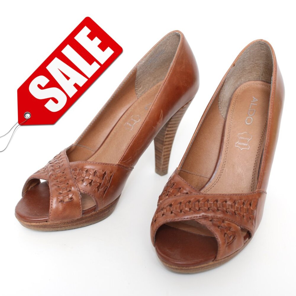 Aldo Brown Leather Open-Toe Platform High Heels Sz 39